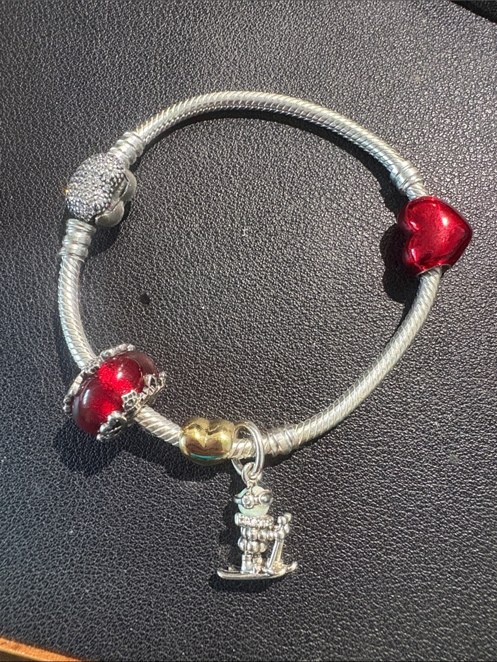 Sterling Silver Pandora Charm Bracelet with Red Heart and Gold Accents